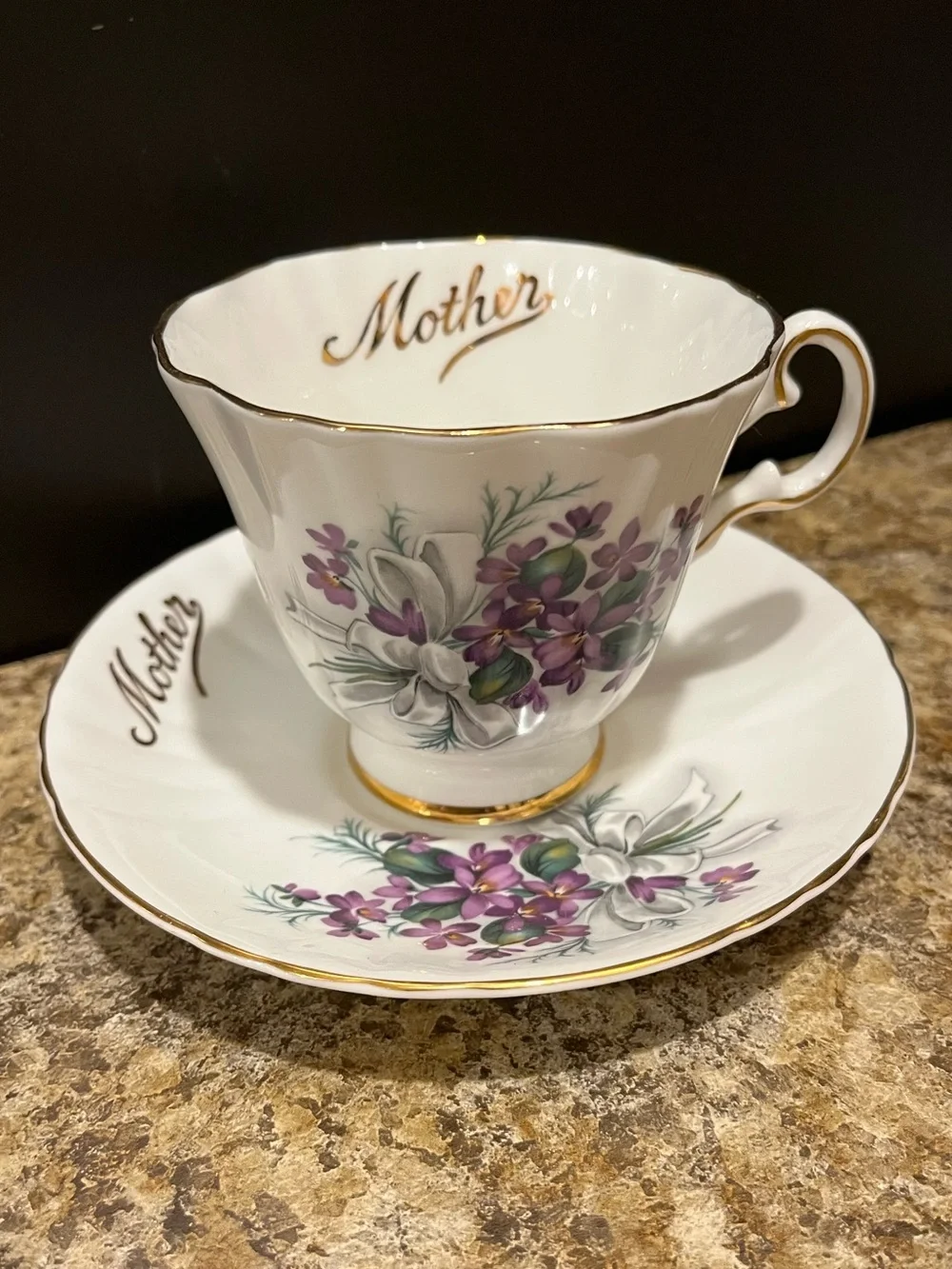 Royal Grafton “Mother” Floral Teacup & Saucer - Purple Violets with Gold Trim